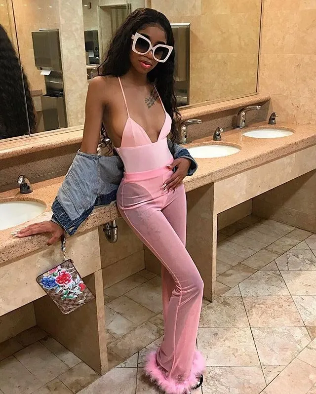 Suit Sets 2018 Summer New Arrival Women See Through Pants High Waist Pants Faux Fur Mesh Crop Top Party Club 2 Piece Sets Women's Sets