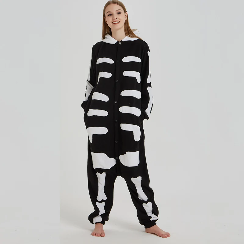 Skull Kigurumi Onesie Adult Women Scary Skeleton Pajamas Flannel Warm Loose Soft Sleepwear Onepiece Winter Jumpsuit Cosplay (4)