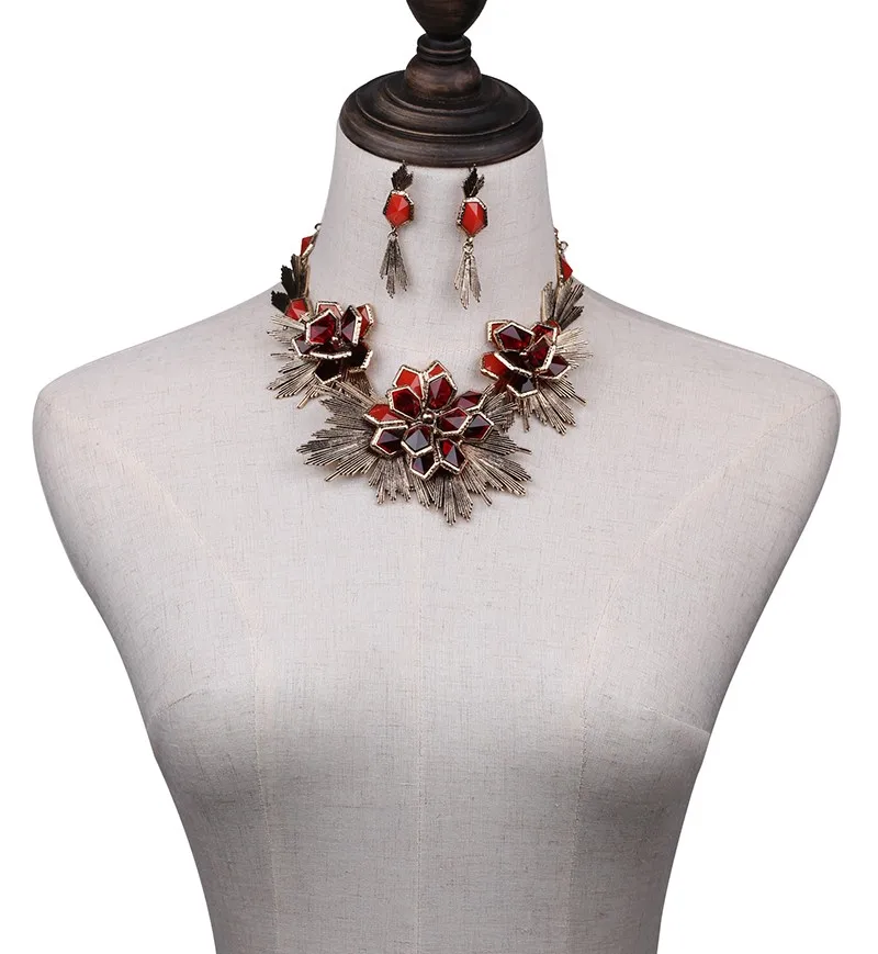Flower jewelry set necklace matching earring fashion Unique Europe Party choker statement Necklace pendant necklace jewelry (red) NHJJ0798