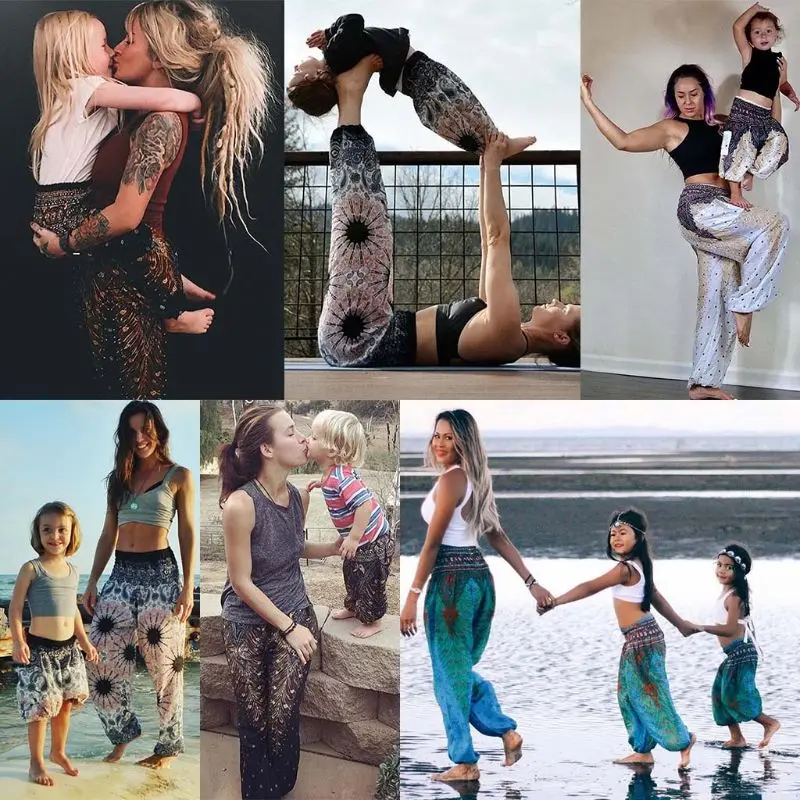 Семейные одинаковые Свободные мешковатые брюки для йоги для мамы и дочки, шаровары, пляжные длинные штаны