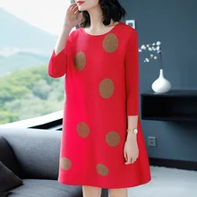 

Plus Size Dress For Women 45-80kg 2018 Summer New Big Polka Dot O-Neck Three Quarter Sleeved Loose A-Line Miyake Pleats Dresses