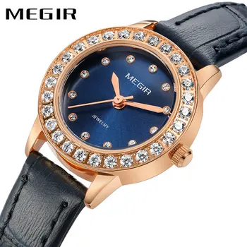 

MEGIR Fashion Dress Women Watch Quartz Clock Blue Leather Strap Diamond Simple Design Casual Ladies Top Brand Luxury Wristwatch