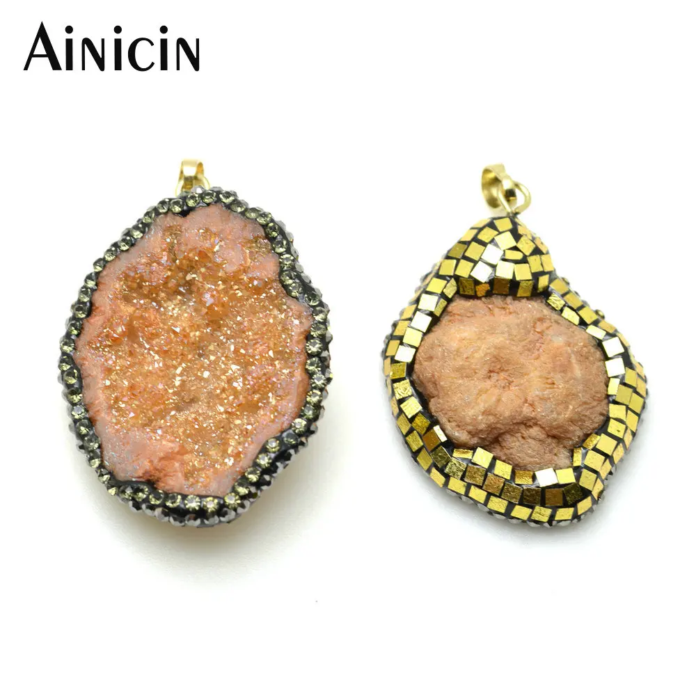 

5pcs New Arrival Orange And Silver Color Drusy Stone Pendant With Rhinestone Clay Paved For Women Necklace Making Materials
