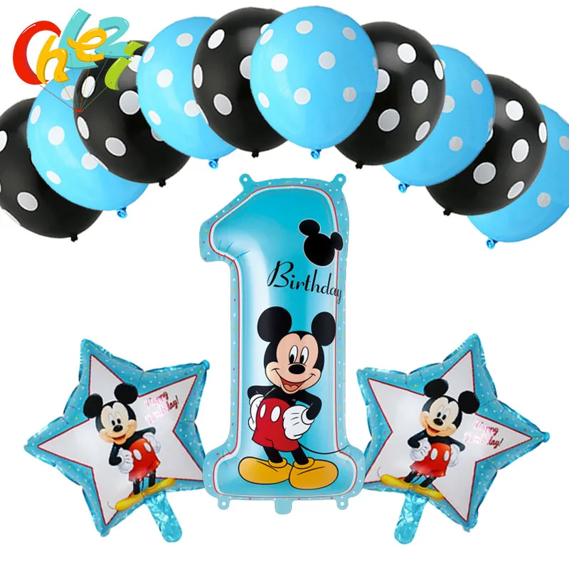 13 шт., вечерние шары на день рождения, с цифрой 1, 2, 3 года, с Микки Маусом, синие, черные, латексные гелиевые шары в горошек, детские игрушки, душ для маленьких мальчиков - Цвет: Star Mickey 1