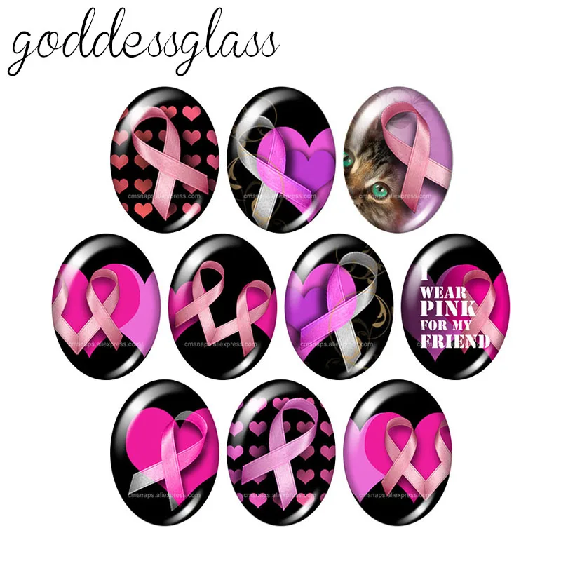 Pink Ribbon Breast Cancer Jewelry 10pcs mixed 13x18mm/18x25mm/30x40mm Oval photo glass cabochon demo flat back Making findings | Украшения