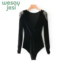 Women Bodysuits Beading Elegant Jumpsuit Black Velvet Bodysuit 2019 new Long Sleeve Ladies Bodysuits pearl beading kimono sleeve crushed velvet tee