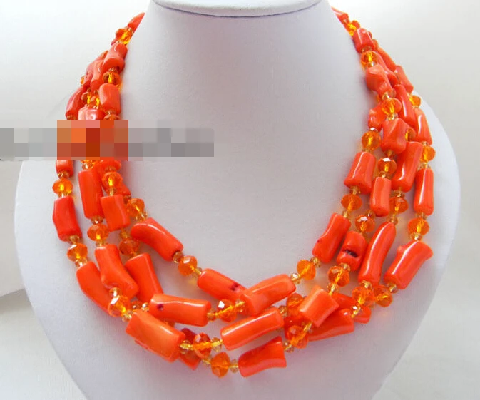 

1082 4trands 19'' Orange Coral Crystal Necklace