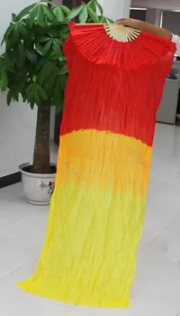 

1.5M Hand Made Belly Dance Silk Bamboo Fan Veils Manual Red Yellow