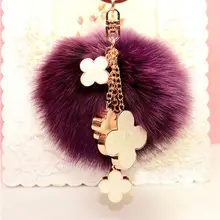 Pom Pom de piel Mullida piel de Zorro Auténtico Bola Llavero de Piel de Cuatro hojas Del Trébol Llavero Llavero Del Encanto Del Bolso de Piel Bolso de Las Mujeres accesorios