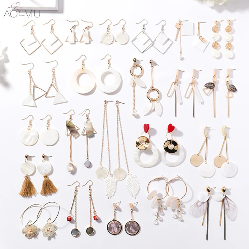 

AOMU New Handmade Shell Petals Flower Geometric Round Circle Matte Metal Long Earrings Love Ear Stud Earrings for Women Girl