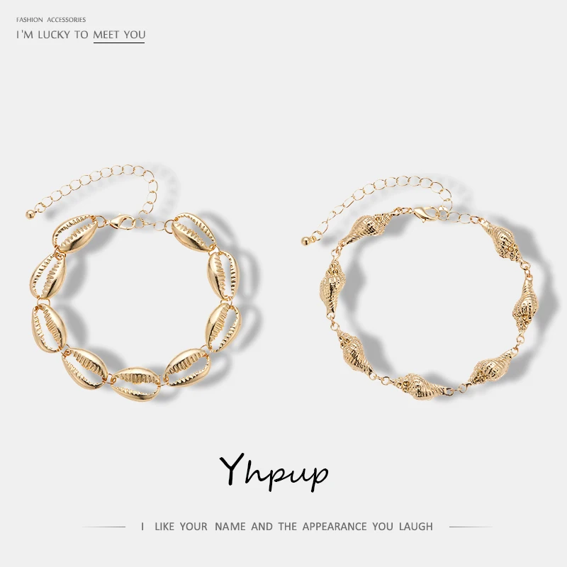 

Yhpup 2 Style Vintage Fashion Occident Shell Conch Simple Design Bracelets Punk Zinc Alloy Link Chain Gold Jewelry for Women New