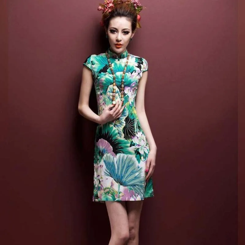 SHENG COCO растягивающиеся короткие платья высокого качества из льна и хлопка Cheongsam 4XL 5XL Печать Тонкий и светильник ChiPao китайский Шанхай