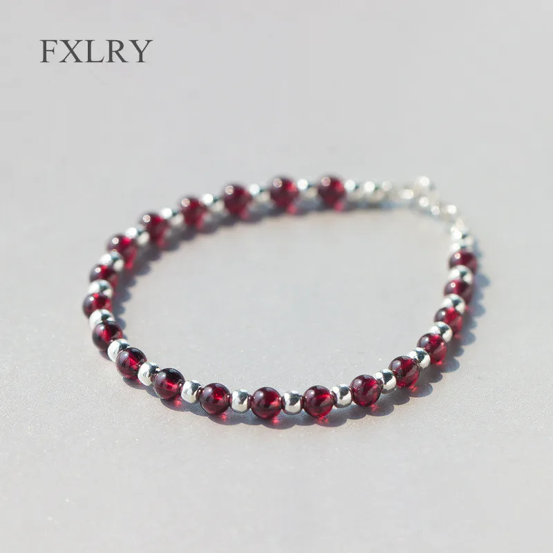 

FXLRY Hot Selling S925 Sterling Silver Temperament Natural Garnet Stone &Lucky Polished Ball Charms Bracelet For Girl To Gift Je