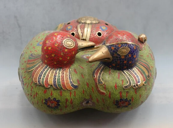 

bi003133 Chinese Pure Bronze cloisonne mandarin duck Bird incense burner Dynasty Statue