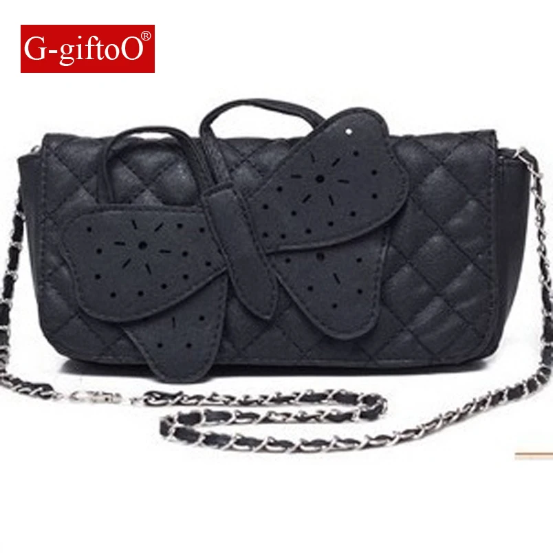 Black Women Shoulder Bag PU Leather Clutch Bag  Chains Butterfly Evening Socialite Tote Sac A Main Lady Handbag