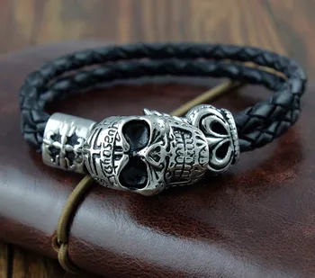 

Punk Biker Skull head Metal bangles Mens leather Manual Braid Bracelet HR032