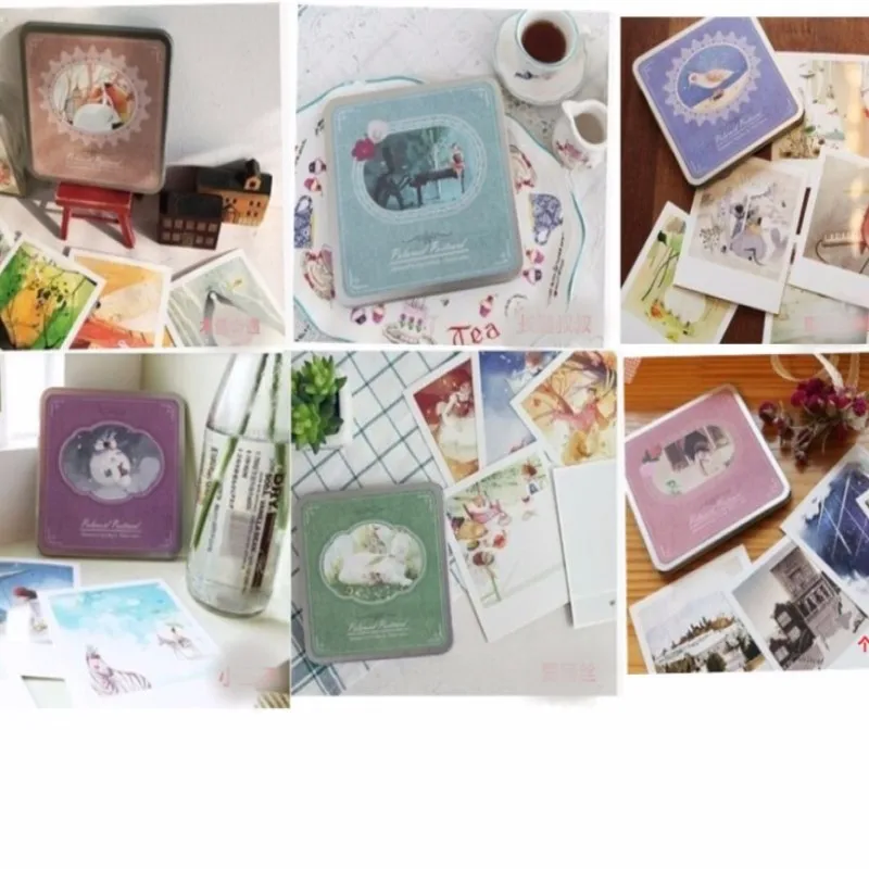 

iron tin packing Korea manufacture Indigo Polaroid square shape Postcard set design of cartoon memo cards for home decoration
