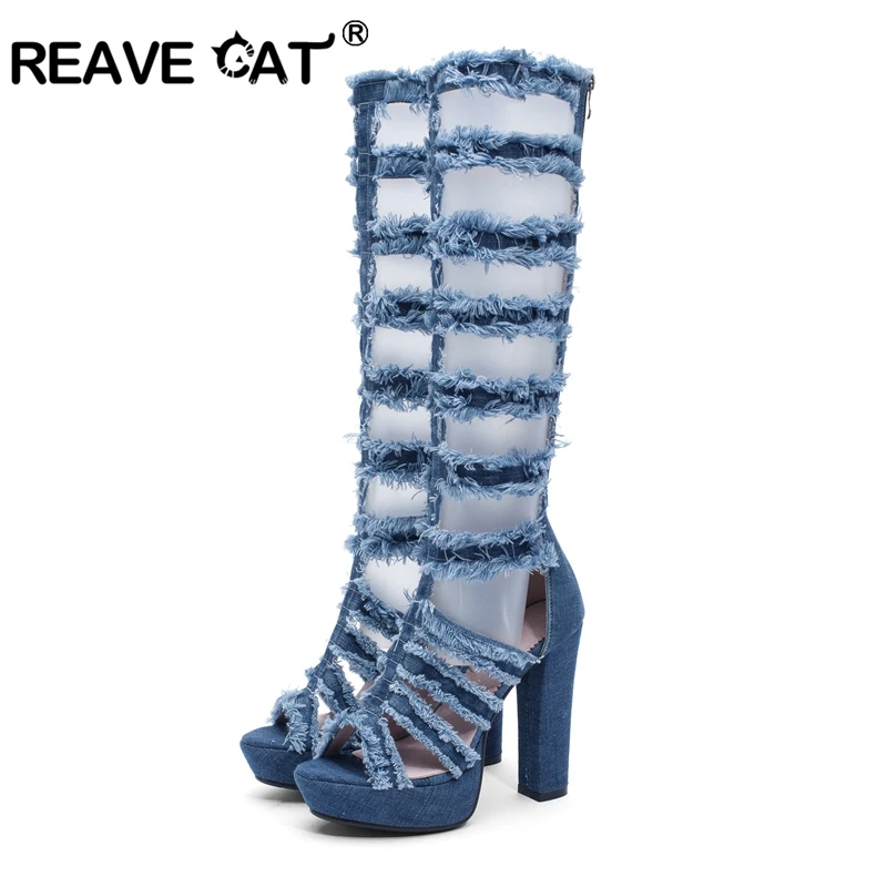 Женские сапоги до колена REAVE CAT летние на шпильке молнии платформе из джинсовой