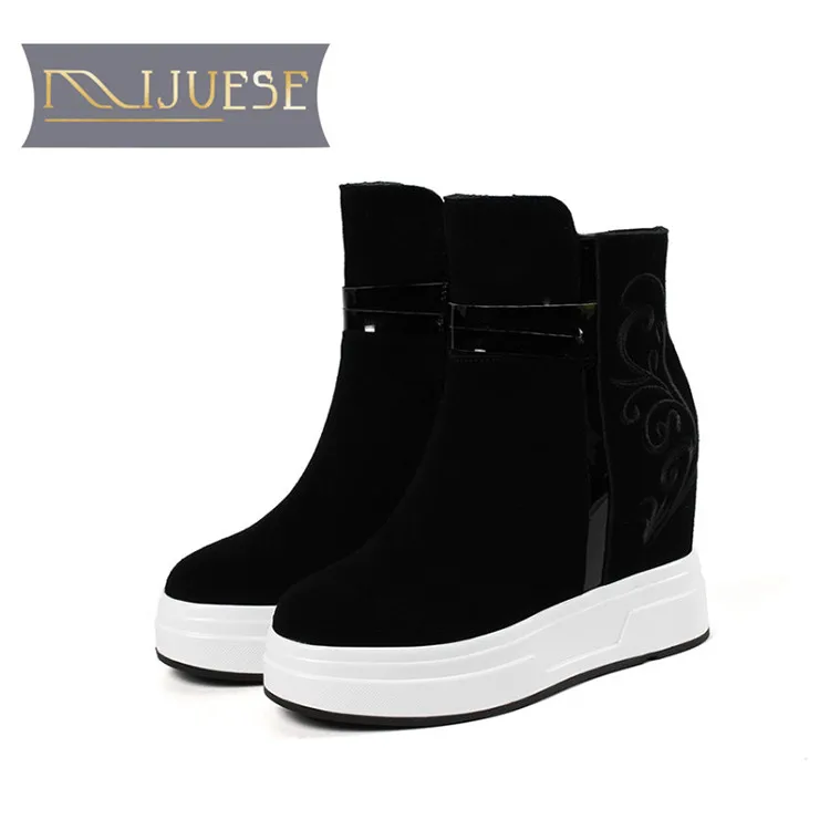 

MLJUESE 2019 women ankle boots cow Suede flowers winter wedges increasing heel Rome style platform boots women boots 40