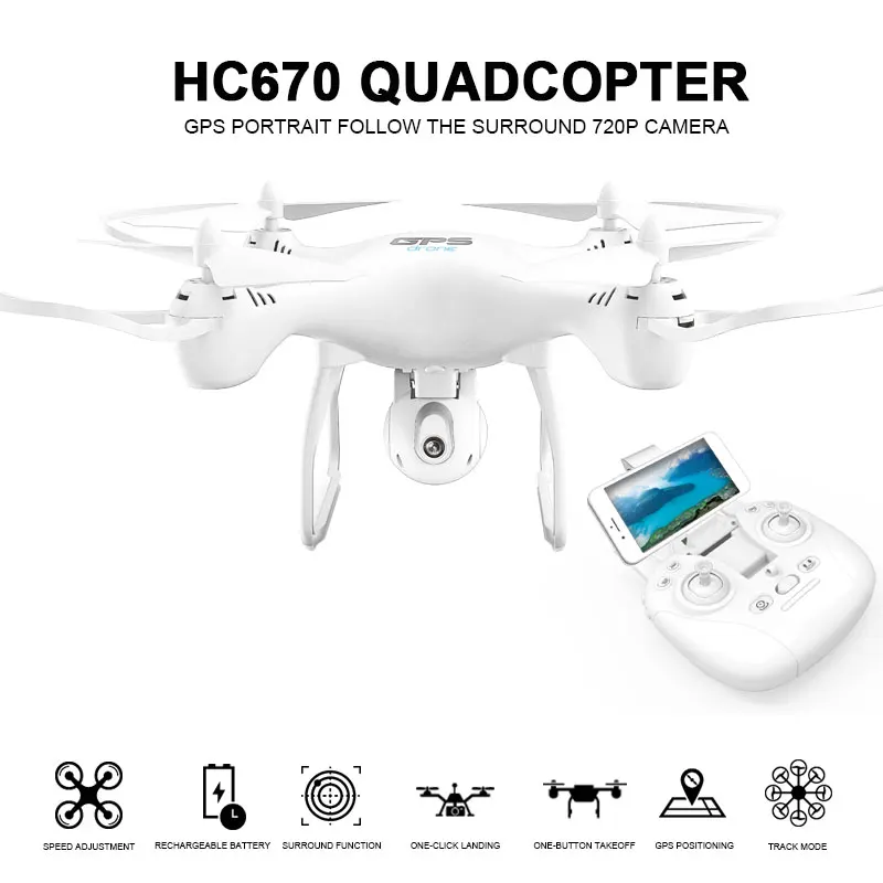 

HC670 Intelligent Uav Drone GPS Wifi FPV Built-in 2MP 720P HD Camera Follow Mode Altitude Hold Quadcopter with Remote Control