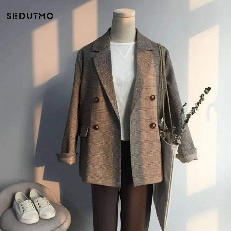 

SEDUTMO 2018 Spring Long Plaid Blazer Women Jacket Double Breasted Blazer Suit Office Autumn Vintage Pocket Oversize Coat ED236