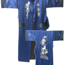 Темно-синий черный двусторонний Китайский Мужской Атласный шелковый халат с вышивкой кимоно банное платье Дракон один размер S3006