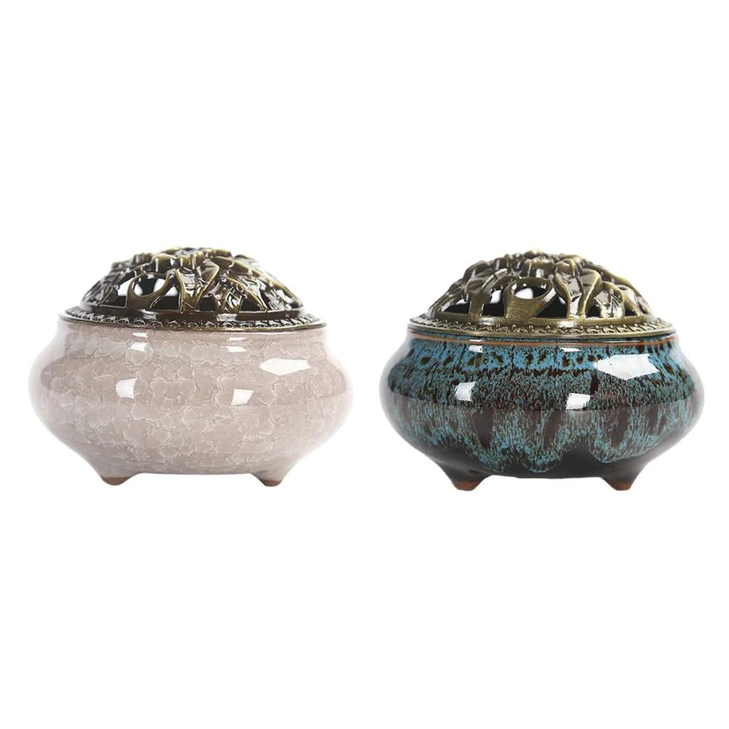 2x Vintage Chinese Ceramic Incense Burner Holder Buddhist Cones Coil Spiral Censer Ash Catcher Bowl with Alloy Cover
