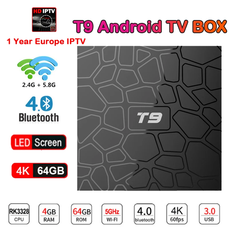 

1 year IPTV subscription T9 smart Android tv box 9.0 OS 4GB 64GB RK3328 Quad-Core 4K HD Wifi BT4.0 TV Box 4K Google Play Store