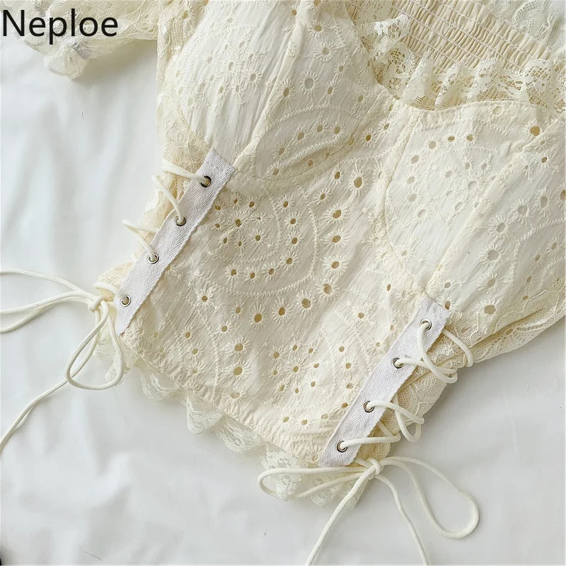Neploe корейский сексуальный бандажный укороченный топ женские рубашки кружевная