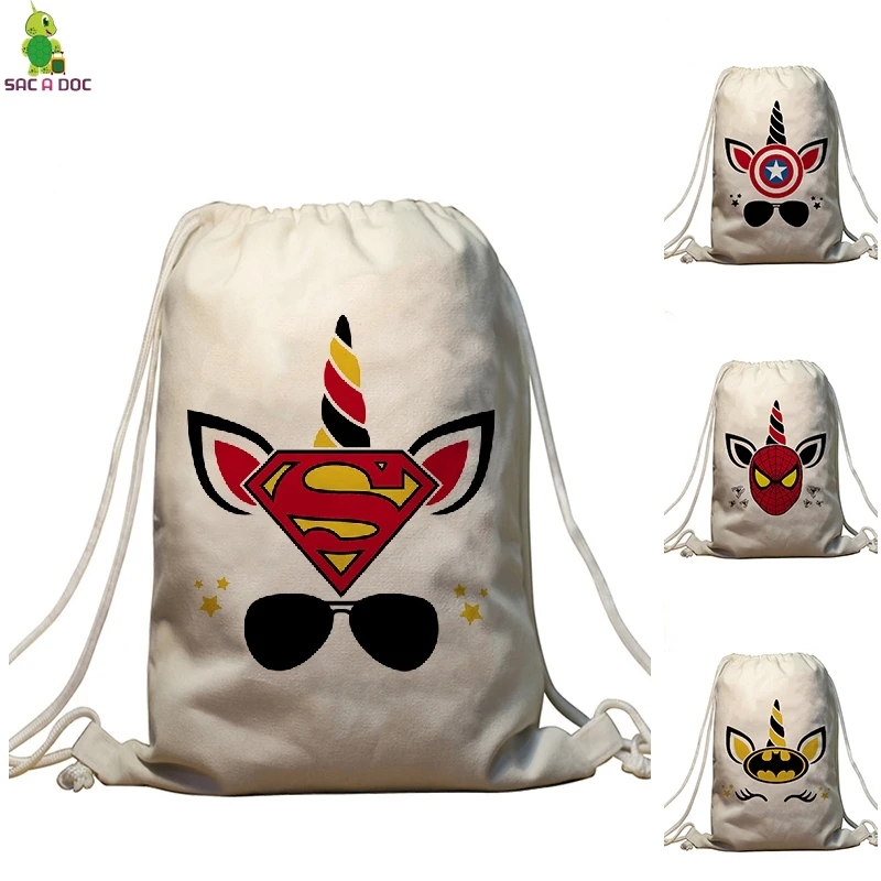 Unicorns Super Hero Drawstring Bag Captain America superman Spiderman Bundle Pocket Backpack Travel Softback Female Backpack