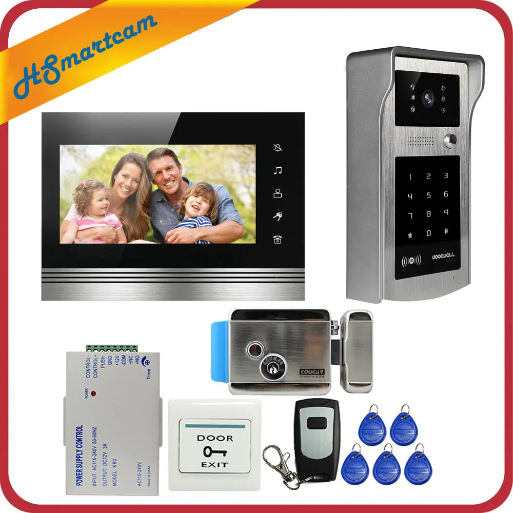 7 inch Color Touch Screen Video Door Phone Video Intercom Kit + Outdoor RFID Code Keypad Number Doorbell Camera 1 Monitors