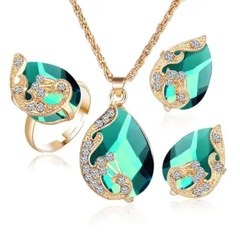 

Vintage Crystal Waterdrop Jewelry Set For Women Gold Ring Necklace Earring Jewelry Sets Wedding Decoration