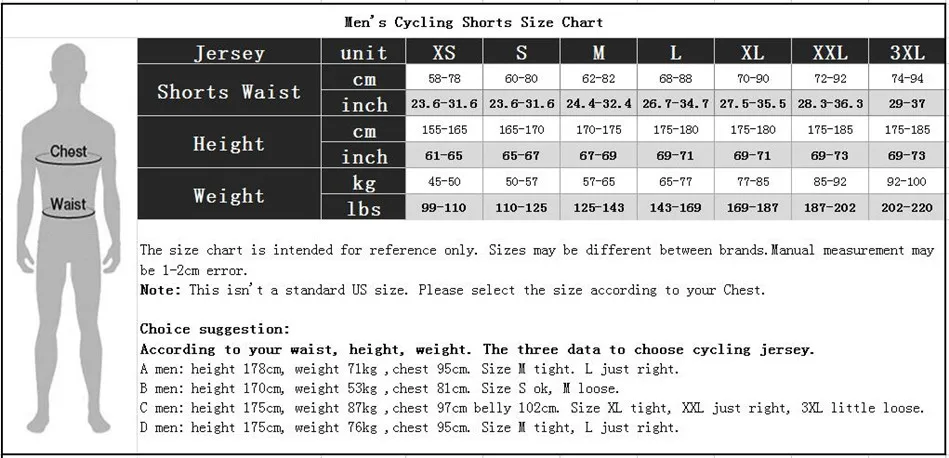 Cycling Shorts Size Chart