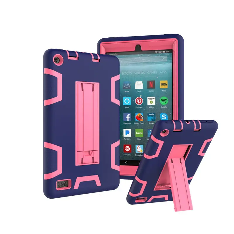 

For Amazon New Fire 7 2017 Version Tablet Case Kids Safe Armor Shockproof Heavy Duty Silicone PC Stand Cover for Fire7 Funda+Pen