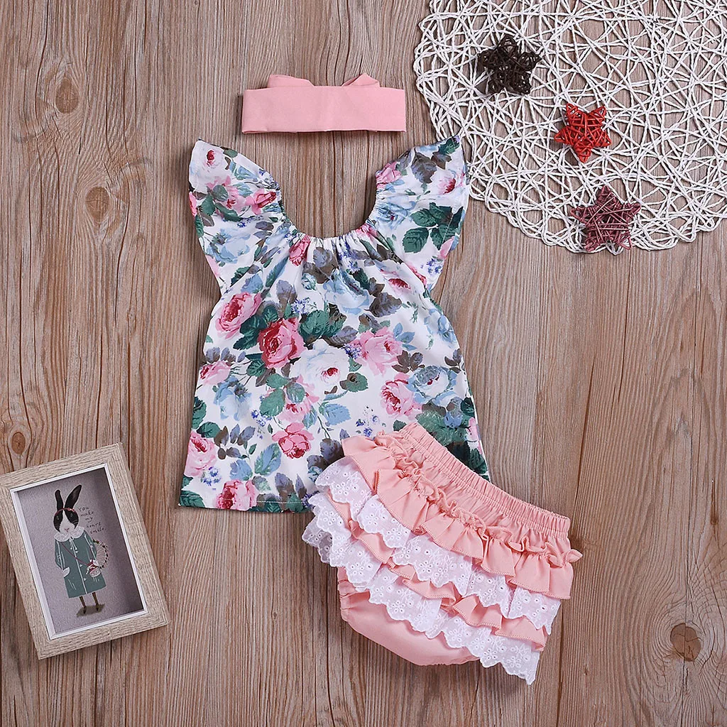 

KLV infant clothing in baby girl 3pcs summer infant baby girl Fly Sleeve Floral Print Tops+Lace Ruffles Shorts Outfits Sets#y25