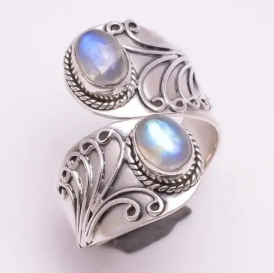 Винтаж серебряный с лунным камнем Обручение обручальное кольцо из белого кольцо с двумя жемчужинами, модные кольца с рисунком Размеры 7-11
