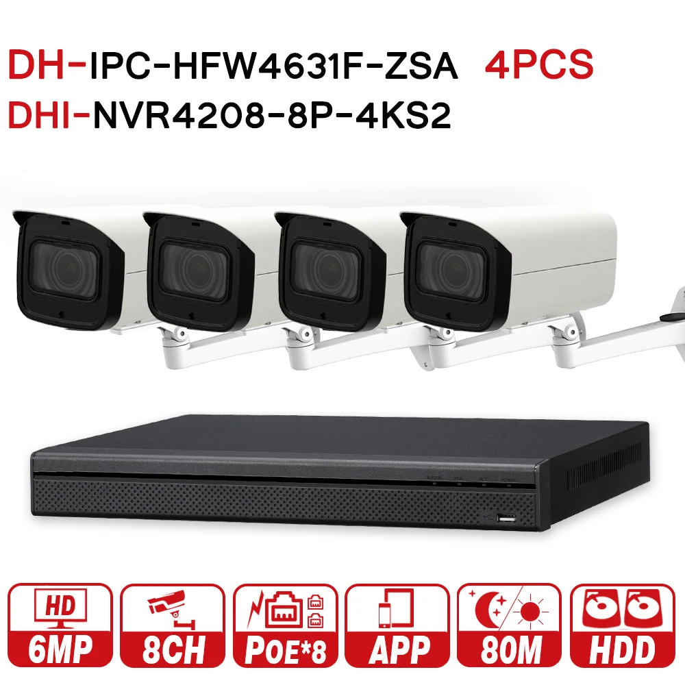 

DH Security CCTV System 4Pcs 6MP POE Zoom IP Camera IPC-HFW4631F-ZSA & 8POE 4K NVR NVR4208-8P-4KS2 Surveillance Security Kit
