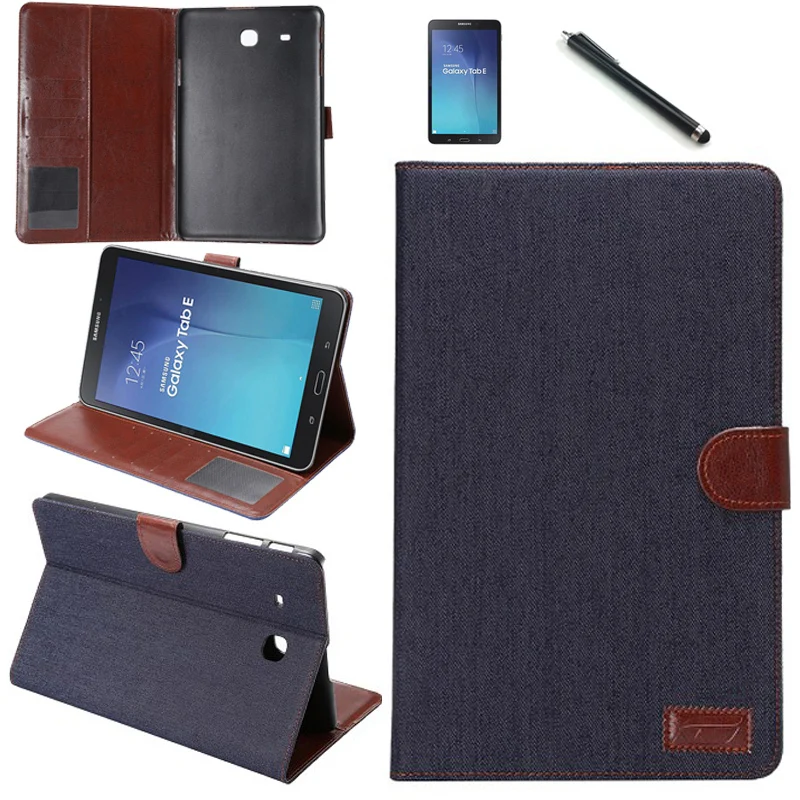 

pen+Film+2016 Fashion denim Card slot wallet PU Leather Cover case for samsung galaxy tab E SM-T560 T561 Luxury Bags case