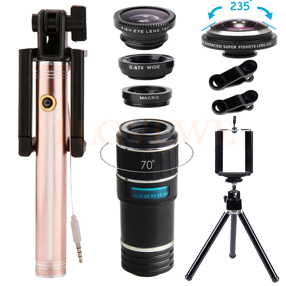 

Newest 12X Telephoto Zoom Lens 235 degrees Fisheye Wide Angle Macro Fish eye lentes Selfie Stick For iPhone 8 7 6 6s 5 5s Plus