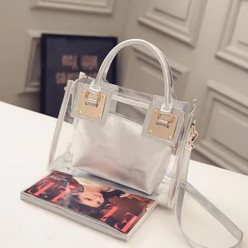 

2019 Fashion Women Brand Small Shoulder Bag Clear Transparent Zipper Girls Cute Composite Bag Female Handbags 2 Pcs New ML-54