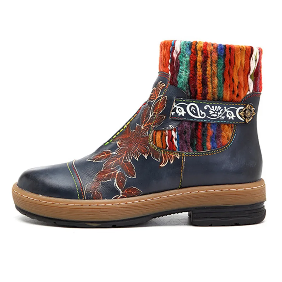 Genuine Leather Ankle Boots Women Shoes Vintage Bohemian Knitted Wool Boot Tube Zipper Shoes Woman New Spring Autumn Botas Mujer (1)