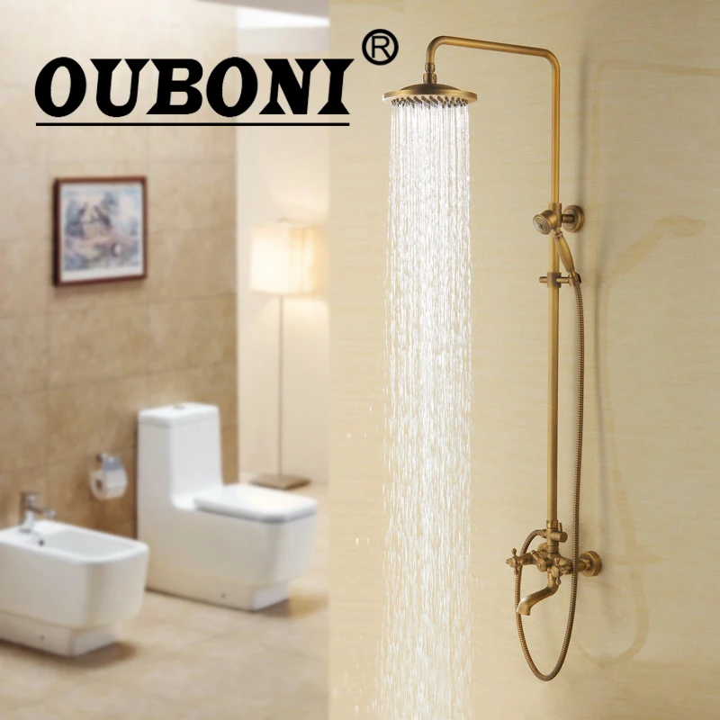OUBONI Rainfall Antique Brass Mixer Taps Double Handles Bathroom Combo Bathroom Shower Set With