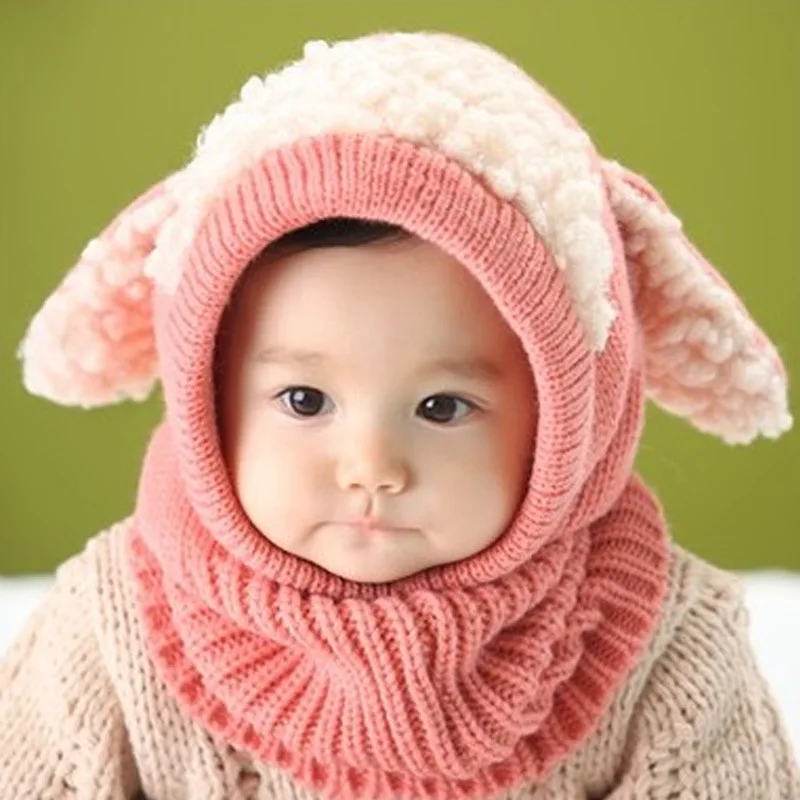 Зимняя плотная детская шапка с милыми заячьими ушками, вязаная детская теплая шапочка для бассейна шарф с капюшоном, комплект для мальчиков и девочек - Цвет: 1to3 year old pink