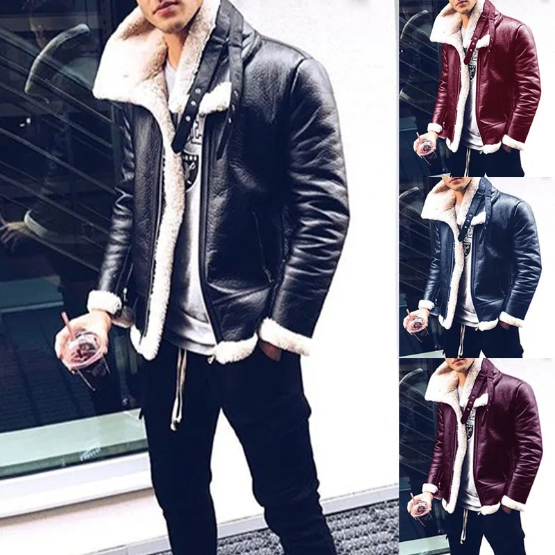 

New winter men's leather solid color zipper jacket cardigan coat