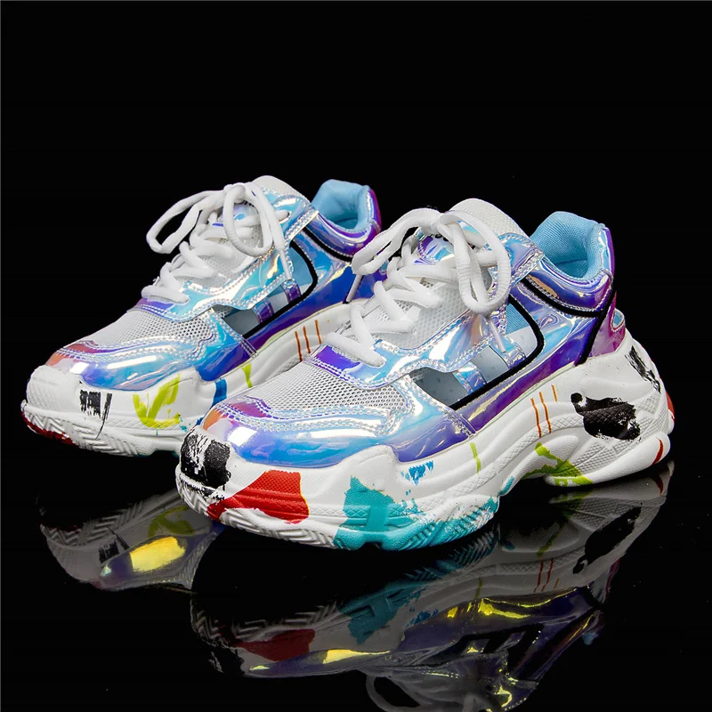 

2019 New Sequins Chunky Sneakers Women Hollow Breathable Running Shoes Woman Thick Sole Tennis Shoes Zapatillas Mujer Deportiva