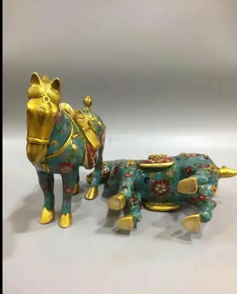 

Пара 8 ''Бронза Медь cloisonne эмалевый цветок сокровище fhorse статуя