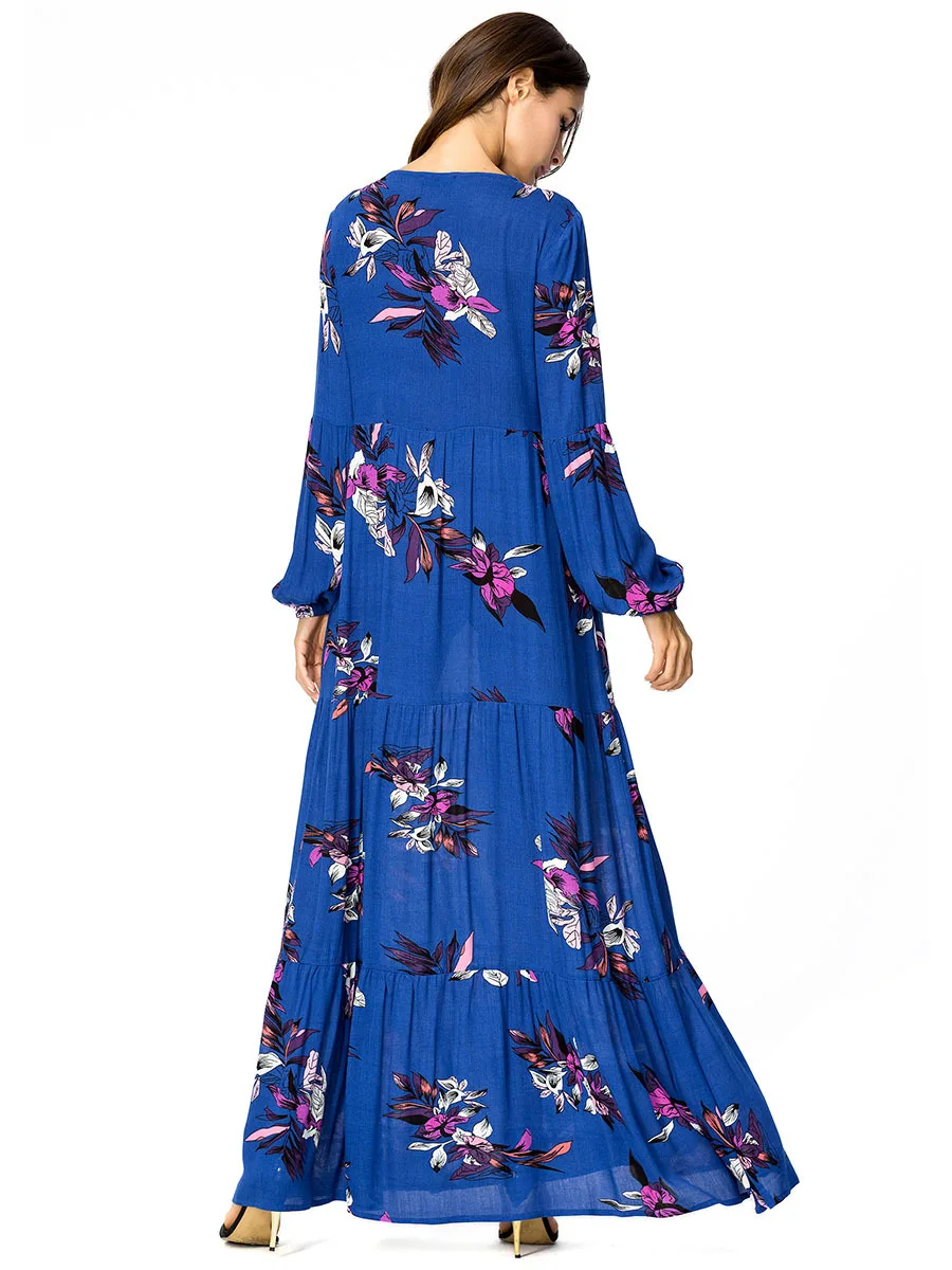Для женщин абайя мусульманское длинное платье в пол с цветочным принтом индейки Малайзийский, турецкий Кафтан Исламская Костюмы размера плюс синий длинный халат 4XL