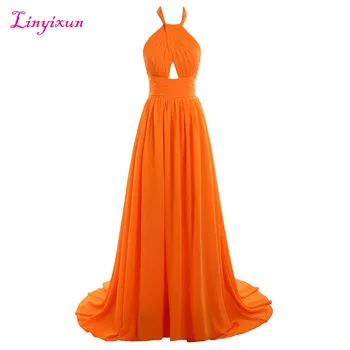 

Linyixun Real Photo Chiffon Formal Evening Dresses 2017 Elegant Halter Pleat Sleeveless Sweep Train Long Woman Prom Dresses