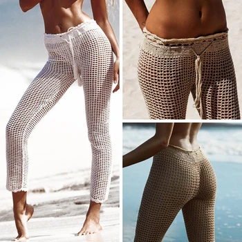 

Ins Explosion Beach Handmade Crochet Hollow Out Bandage Elastic Waist Shell Pants Sunscreen Fishing Net Trouser