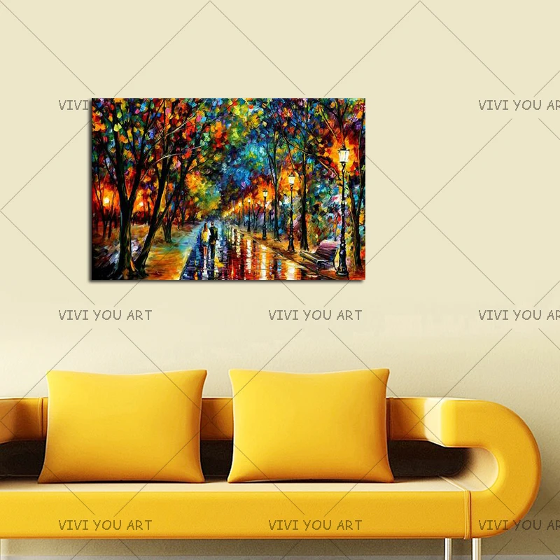 

100% Handmade Modern Palette Knife Park Street Oil Painting On Canvas wall Art landscape Pictures For Room Decor No Frame